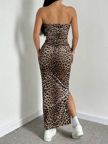 SHEIN EZwear Leopard Print Side Slit Velvet Bodycon Tube Dress - Multicolor - View 2