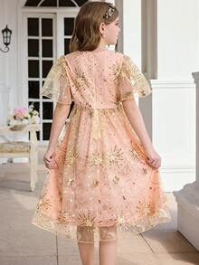 SHEIN 女童米色高领蕾丝刺绣短袖中长公主裙，适合生日派对、花童、正式场合 - 杏色 - 查看 7