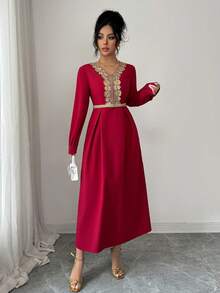 Váy Rafferiza thanh lịch cổ chữ V viền vàng eo thắt eo cho nữ, phù hợp mặc hàng ngày, mùa thu/đông - Màu Đỏ Sâu - Xem 8