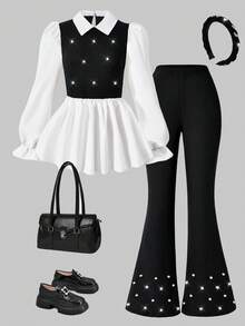 2件套少女休闲优雅拼接针织衬衫裤套装，适合春秋季穿着 - 黑色 - 查看 8