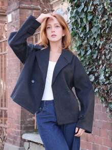 SILVIA DI SANTO 女士超大翻领装饰纽扣长袖休闲宽松大衣 - 黑色 - 查看 3