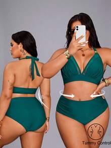 Shapewave Plus Size Women Solid Color Beach Swimwear Set - Army Green - View 1