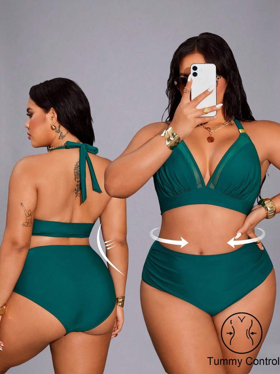 Shapewave Plus Size Women Solid Color Beach Swimwear Set - Army Green - View 1