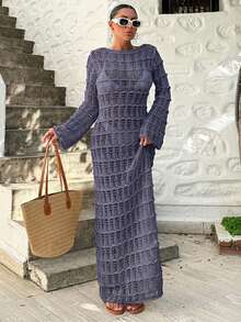 EURMUSE Women's V-Neck Crochet Jacquard Long Coverup Dress, Suitable For Vacation - Navy Blue - View 4