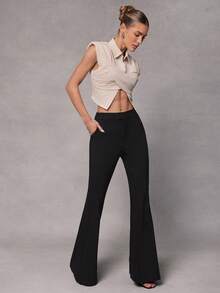 Hauture Women's Simple Office Daily Wool-Like Brushed Woven Flare Pant - Black - View 3