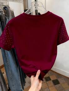 Camiseta de manga corta de cuello redondo casual con ribete de contraste para mujer, verano - Multicolor 3 - Ver 2