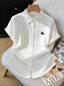 SHEIN 少女白色休闲衬衫：百搭时尚的短袖衬衫，配有抽绳设计，适合上学、周末郊游、休闲聚会或轻松的家庭活动。舒适的面料和别致的设计，可轻松搭配牛仔裤/短裤；是日常休闲穿搭的理想之选。 - 白色 - 查看 3