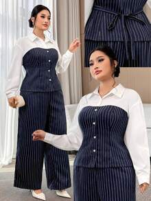 Modelyn Plus Size Women's Spring/Autumn Casual/Office Commute Striped Patchwork Shirt And Wide Leg Pants 2 Pieces Set Women Suit Sets - Multicolor - View 3