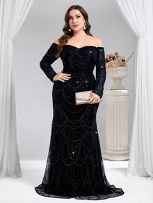 Coutiva 秋冬奢华珠饰亮片露肩露背长袖单肩鱼尾晚礼服，适合婚礼宾客、毕业典礼、生日派对、音乐节、婚礼等场合。 - 黑色 - 查看 4
