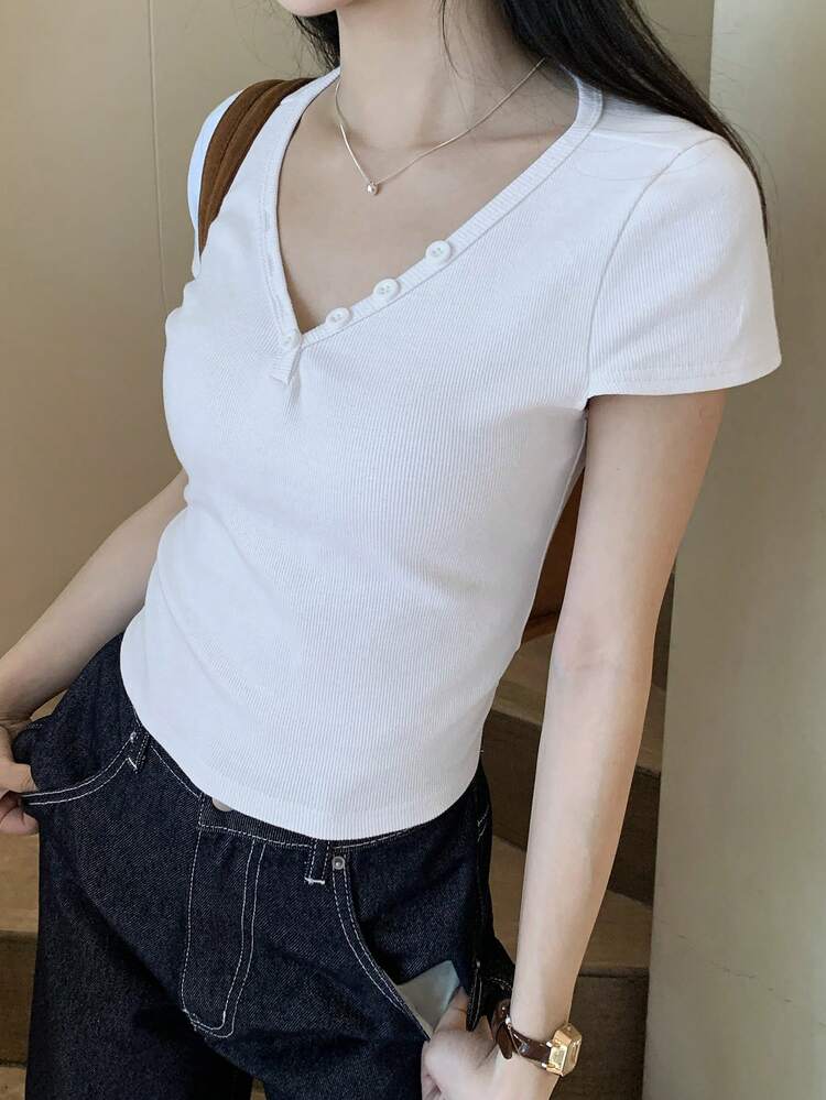 Women's Slim Fit Solid Color V-Neck Versatile Short Sleeve T-Shirt, Suitable For Spring And Summer, Valentine's Day
