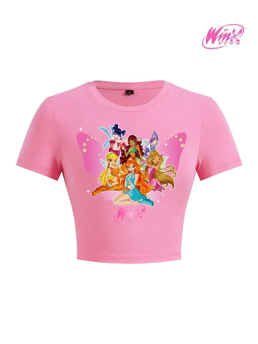 The Winx X SHEIN Women's Cartoon Figure Graphic Round Neck Short Sleeve T-Shirt - Pink - View 1
