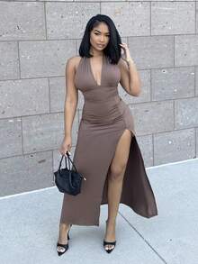 Alexandranx 露背高开衩修身连衣裙，适合新年服装，长款女装，女式晚礼服，女式连衣裙，女式优雅连衣裙 - 咖啡棕 - 查看 6