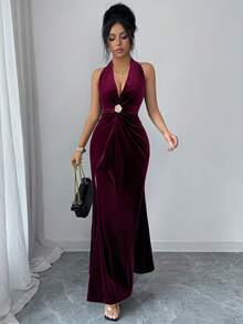 2026 Nuevo  Vestido de fiesta de terciopelo rojo jujube con escote en V profundo, decoración de hebilla metálica, cintura ajustada con nudo retorcido y abertura alta, para primavera/verano - Burdeos - Ver 6