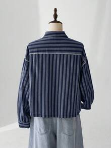 ESTAVOR 男士条纹落肩长袖单排扣休闲宽松衬衫 - 藍色 - 查看 3