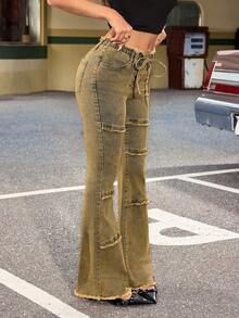 Jeanoix Quần jeans nữ Y2K kiểu dáng ống loe, buộc dây, túi xéo, gấu quần rách, có dây buộc, túi chéo. - Rửa trung bình - Xem 6