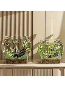 1 Piece Of Sturdy Transparent Round Fish Tank, A Desktop Aquarium Resistant To Breakage And Tipping, Suitable For Turtles And Small Fish. Natural Stone Design, Versatile Indoor/Outdoor Decorative Fish Tank - Multicolor - View 2
