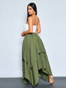 SOLERSUN Women's Elegant High Waist Double-Layer Asymmetric Hem Draped Maxi Skirt - Army Green - View 2