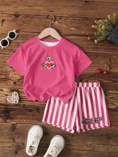 THE POWERPUFF GIRLS X SHEIN Set di maglietta a maniche corte con scollo rotondo e pantaloncini a righe con motivi di fiori, bolle e ranuncoli per ragazze giovani