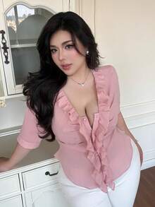 Vibekara Áo kiểu nữ cỡ lớn với viền bèo nhún và eo thắt - Hồng - Xem 5