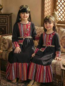 2-Piece Set For Tween Girls:Elegant Traditional Black Dress With Matching Bag,Geometric Print,Long Sleeves Maxi Dress,Black,Autumn,Boho,Wedding Guest - Black - View 1