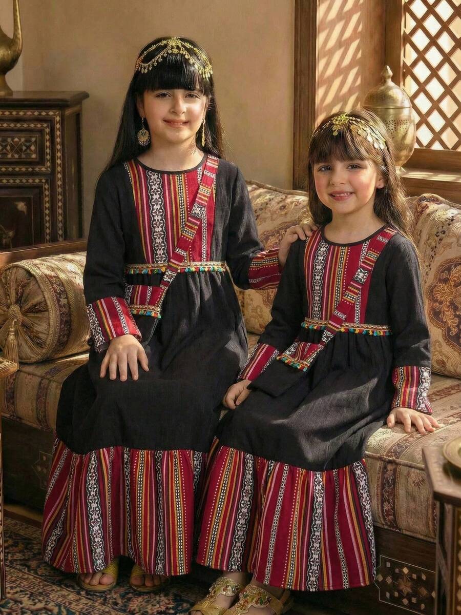 2-Piece Set For Tween Girls:Elegant Traditional Black Dress With Matching Bag,Geometric Print,Long Sleeves Maxi Dress,Black,Autumn,Boho,Wedding Guest - Black - View 1