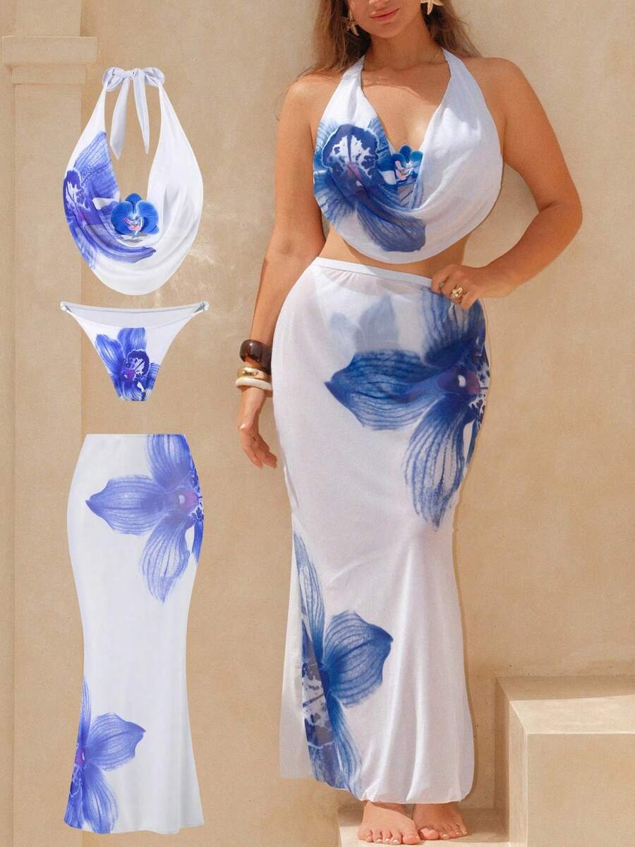 Swim Oasis 女士度假花卉泳衣三件套，时尚性感深V领吊带比基尼上衣和迷你裙，大码套装 - 藍白色 - 查看 1