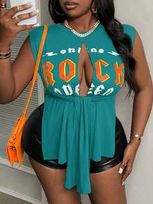 Slaydiva Camiseta sin mangas ajustada con estampado de letras y rasgada con nudo para mujer de talla grande Slayr - verde menta - View 4