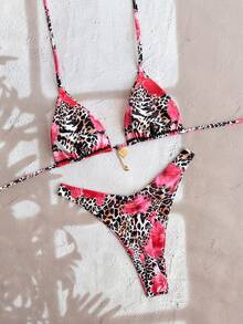 Swim Vcay New Leopard Print Halter Backless Top And Side Tie High Cut Thong 2 Piece Swimsuit Set, Women Beach Holiday Bikini - Multicolor - View 2