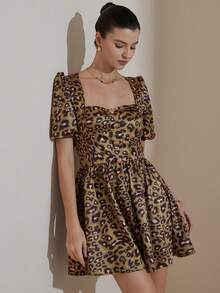 Chiquease Green Base Leopard Print Square Neck Petal Sleeve Peplum Mini Skirt, Sweet & Cute Girly Meets Wild Leopard Print, Suitable For Party & Date, Random Print - Multicolor - View 4
