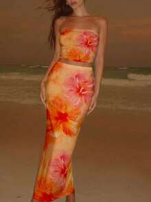 Aloruh Bộ đồ nữ 2 mảnh phong cách nghỉ dưỡng thanh lịch in họa tiết hoa dâm bụt Hawaii, gồm áo quây và chân váy, thích hợp cho kỳ nghỉ xuân/kỳ nghỉ biển/hẹn hò lãng mạn/dạo chơi thời trang/lễ hội âm nhạc mùa xuân. - trái cam - Xem 8