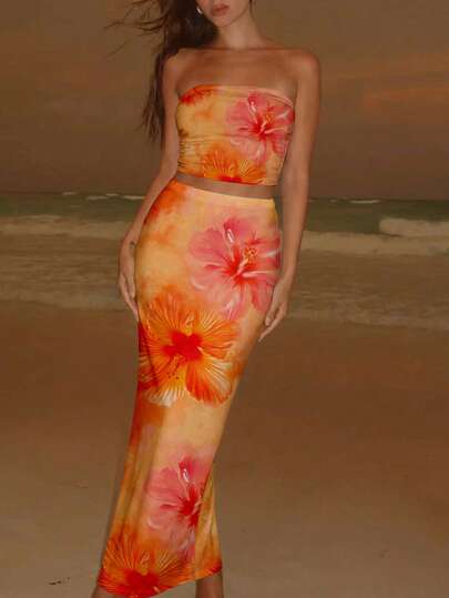  Aloruh Elegant semesterinspirerad hawaiisk hibiskus tie-dye-mönstrad damklänning i 2-delat set, semesterinspirerad bandeau-topp och minikjol i 2-delat set, lämplig för vårlov/strandsemester/romantisk dejt/moderiktiga utflykter/musikfestivaler