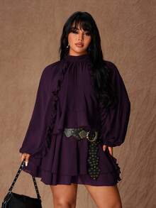 Rustia Plus Size Slim Fit Ruffle Hem Layered Short Dress, Long Sleeve, Round Neck, Brown - Purple - View 1