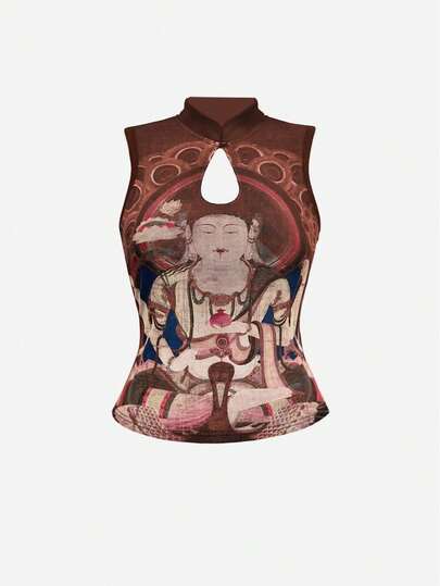 Grunge Punk Top ajustado de mujer con estampado de Buda en estilo chino vintage