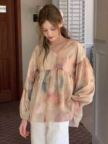 DAZY 青少年女孩V领落肩长袖宽松褶皱休闲衬衫