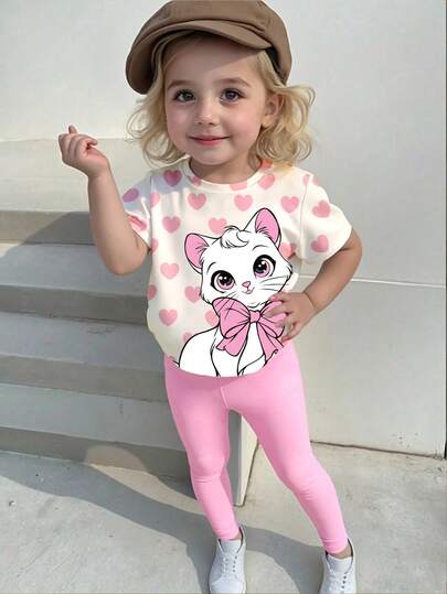 2pcs/Set Toddler Girls' Casual Cute Cat, Bow, Heart Graphic Print T-Shirt And Leggings Outfit, Comfortable Daily Wear For Spring, Summer, Autumn