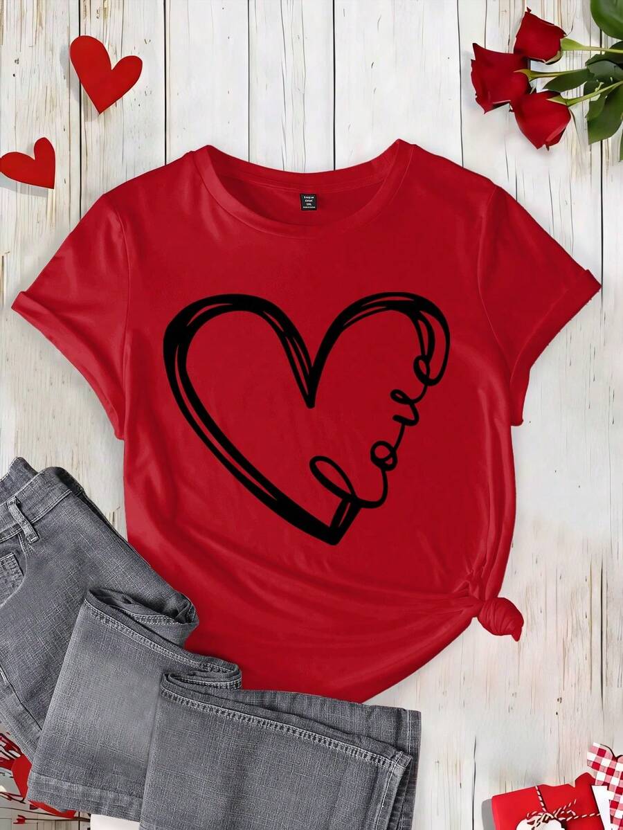 INAWLY Artistic Heart Shaped Valentine's Day Print Ladies' Casual T-Shirt For New Year Clothes Graphic Tees Women Tops - Red - View 1