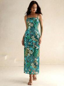 Anewsta Vestido maxi elegante de mujer con estampado colorido y cuentas, sin tirantes, de longitud media - Verde - Ver 2