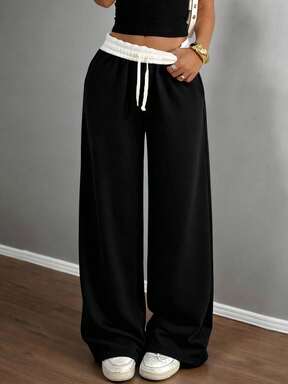 SHEIN Tween Girls Casual Loose Fit Sweatpants, Low Waist Elastic Waistband, Wide Leg, Colorblock, Suitable For Spring, Summer, Autumn, Winter, Back To School Season