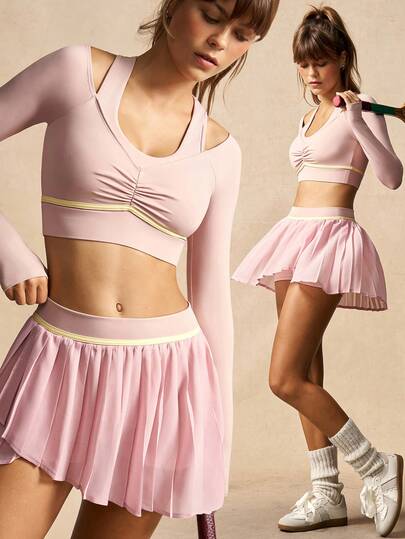 VARSIVA Women's Light Pink Color-Blocked Faux Two-Piece Long-Sleeved Top With Gathered Neckline And Color-Blocked Pleated Skirt With Built-In Jumpsuit Shorts To Prevent Wardrobe Malfunctions, Casual Tennis Sports Suit.