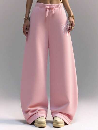 SHEIN ChillGRL Young Girl Wide Leg Pants With Bow Waist & Graphic, Casual & Sporty Back To School, Wide Leg Sweatpants Pink Baggy Pants