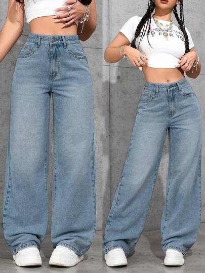 Pantalones vaqueros anchos sueltos y versátiles de mujer con diseño de bolsillos