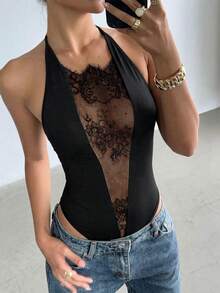 Aloruh Sexy Y2K Music Festival Party Lace Backless Sheer Sleeveless Bodysuit, Black - Black - View 3