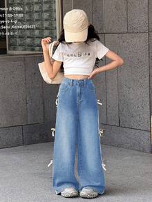 SHEIN Quần jean ống rộng ống đứng thời trang Y2K cho bé gái, dáng rộng, cổ điển, giặt thường ngày, có túi xéo, thích hợp cho bé gái mặc vào mùa hè, mùa thu, nghỉ ngơi, đi làm hàng ngày, mặc ở nhà, ăn trưa, tiệc trà, đi làm, mặc sân bay, mặc cho bé gái mặc vào mùa thu, trẻ em trở lại trường, hòa nhạc đồng quê - Rửa nhẹ - Xem 5