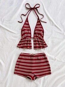 Soleia Women's Summer Vacation Striped Halter Neck Ruffle Hem Top And Shorts 2 Pieces Set - Red and White - View 6