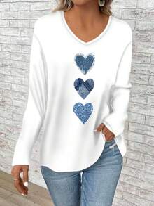 EMERY ROSE Áo thun nữ cỡ lớn tay dài cổ chữ V dáng rộng in họa tiết trái tim, thích hợp cho ngày Valentine. - Nhiều màu - Xem 4