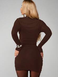 MISSGUIDED Mock Neck Keyhole Cutout Mini Dress Long Sleeve Bodycon Form Fitting Club Party Night Out Stretchy Ribbed Fabric - Chocolate Brown - View 2