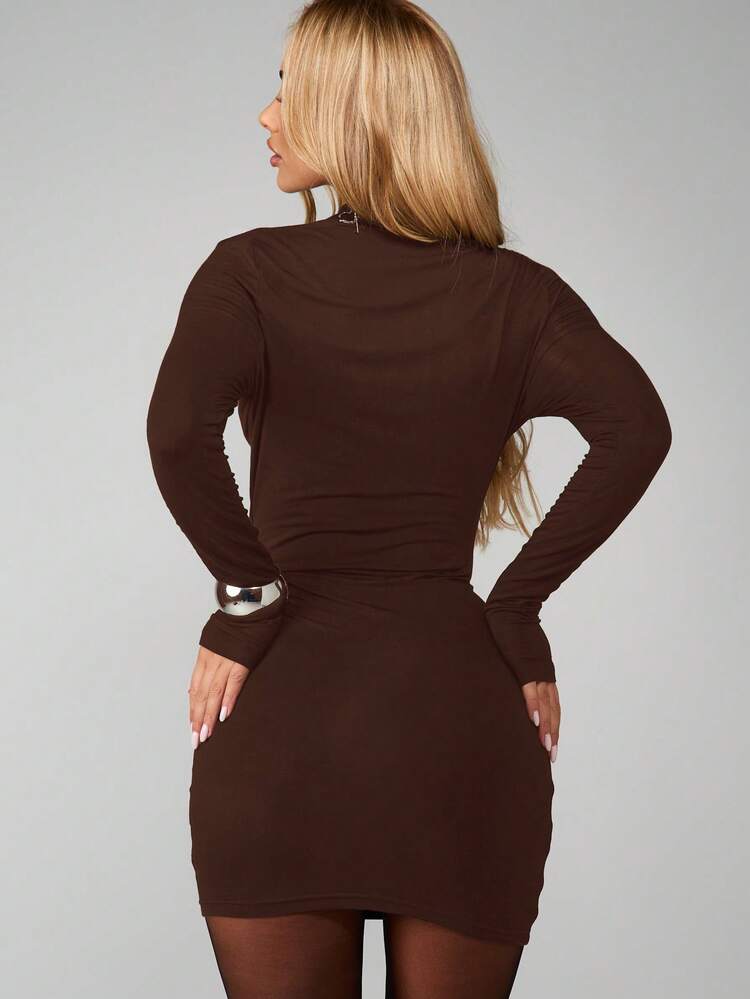MISSGUIDED Abito mini aderente a maniche lunghe con collo alto, scollo a buco della serratura, adatto per club, feste serali e uscite, in tessuto elasticizzato a costine