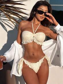 Swim SXY Set bikini sexy și drăguț, cu volane, din material jacquard, culoare uni, cu legături în față și halter, costum de baie din 2 piese pentru femei - Bej - Vizualizare 2