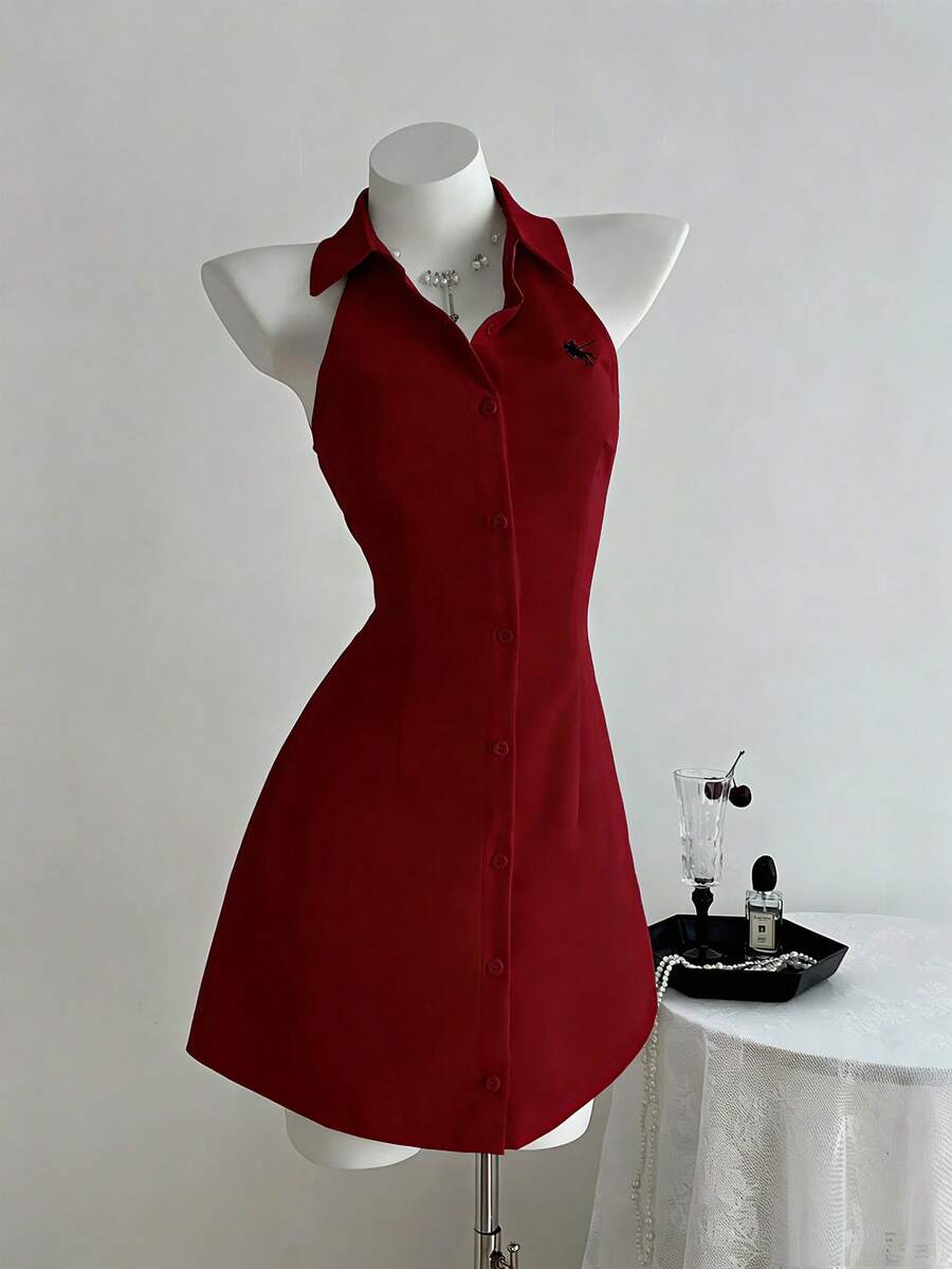 Elamini White Sleeveless Embroidered Fitted A-Line Dress, Spring/Summer - Burgundy - View 1