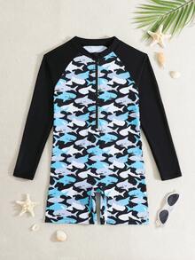 SHEIN 1pc Boys' Cute Shark Print Fashionable Beachwear Swimsuit - Multicolor - View 1